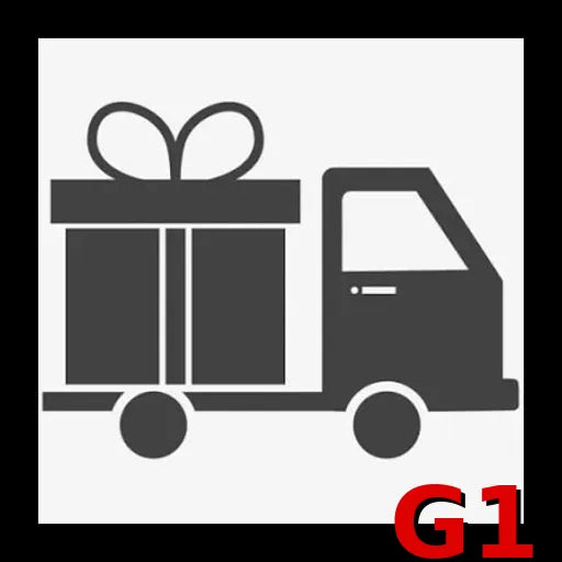 Icône en noir et blanc d'un camion de livraison transportant un grand paquet cadeau avec un nœud, avec "G1_Frais de Livraison" en texte rouge dans le coin inférieur droit. Marque : FISH.